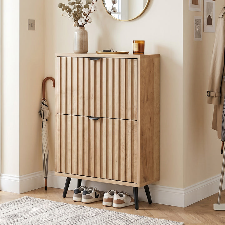 Oak Nordic Style Vertical Striped Multi-Purpose Shoe Cabinet with 2 Tilt-Out 95cm TRUNKWALNUT
