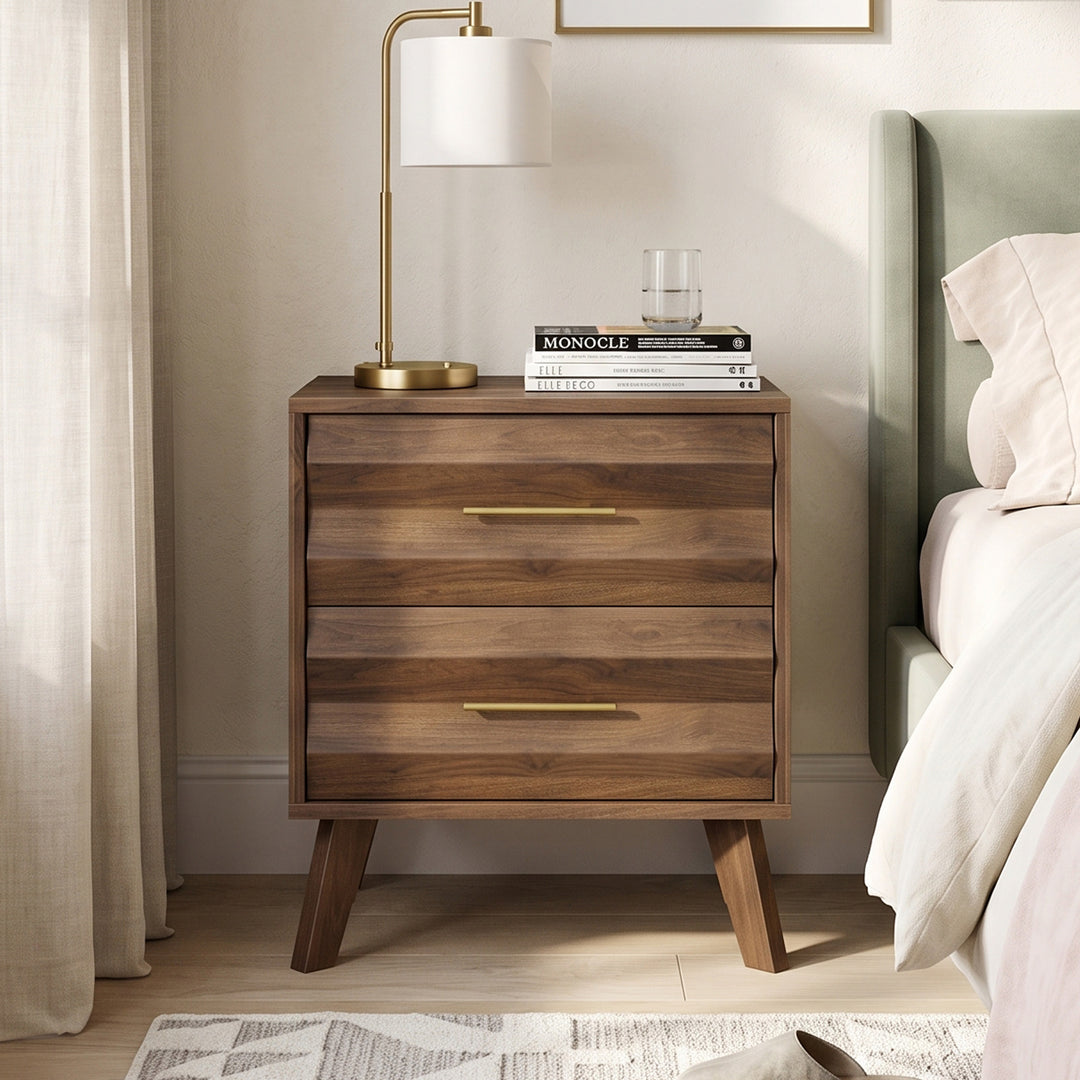 Mid-Century Walnut Bedside Table with 2 Drawers 50x40x58cm TRUNKWICKER