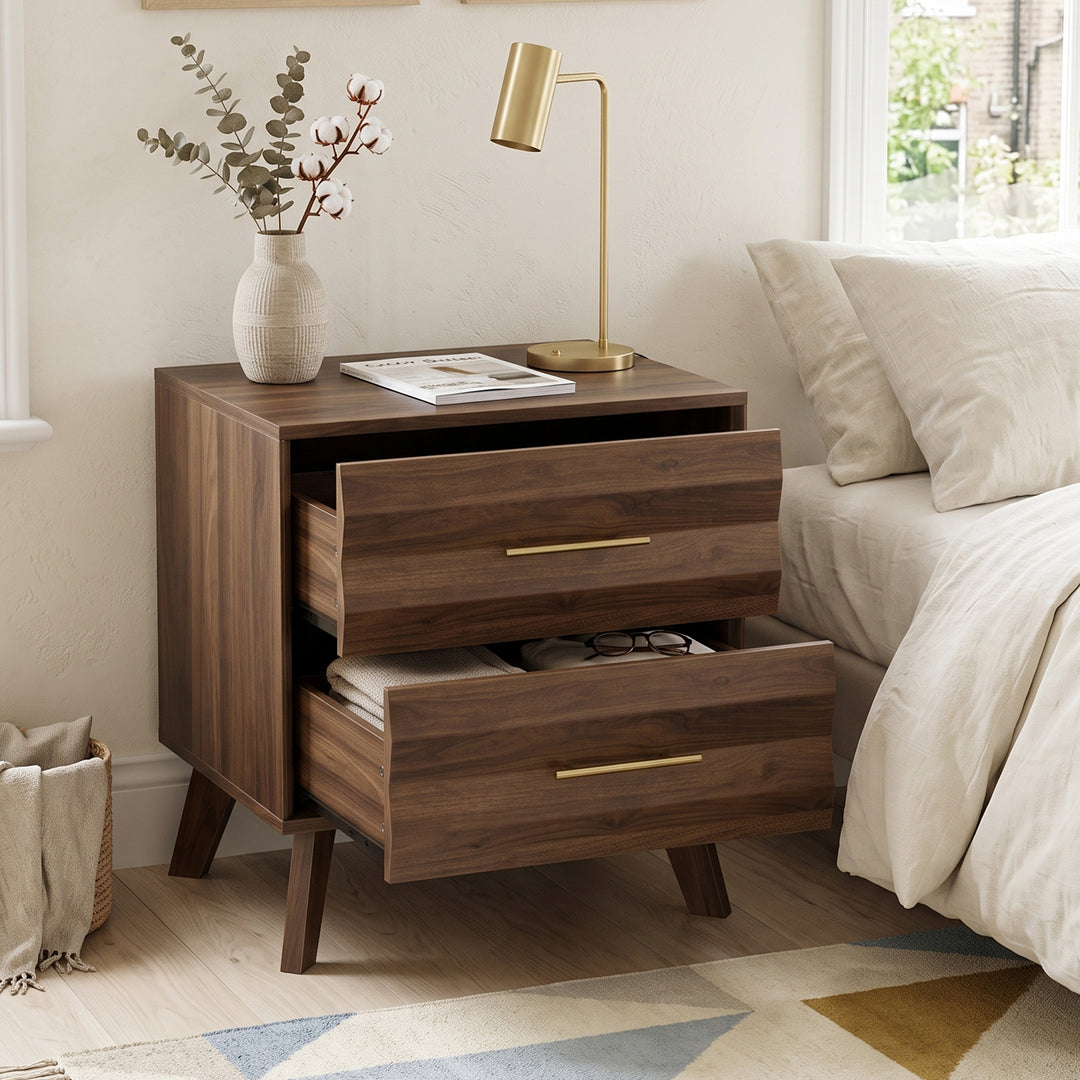 Mid-Century Walnut Bedside Table with 2 Drawers 50x40x58cm TRUNKWICKER