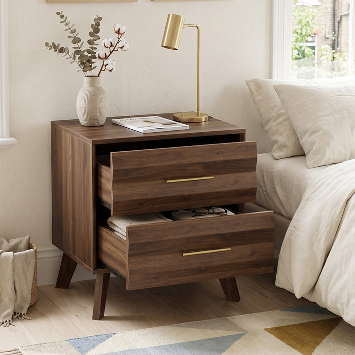 Mid-Century Walnut Bedside Table with 2 Drawers 50x40x58cm TRUNKWICKER
