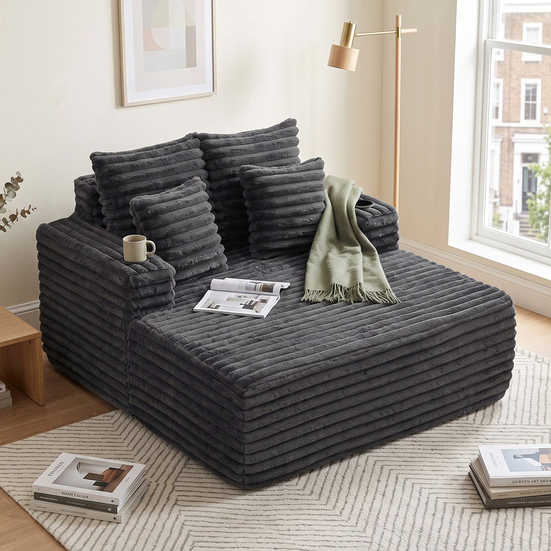 Corduroy Convertible Sleeper Sofa Bed, Dark Gray Oversized Chair with Cup Holders and Pillows TRUNKWORK
