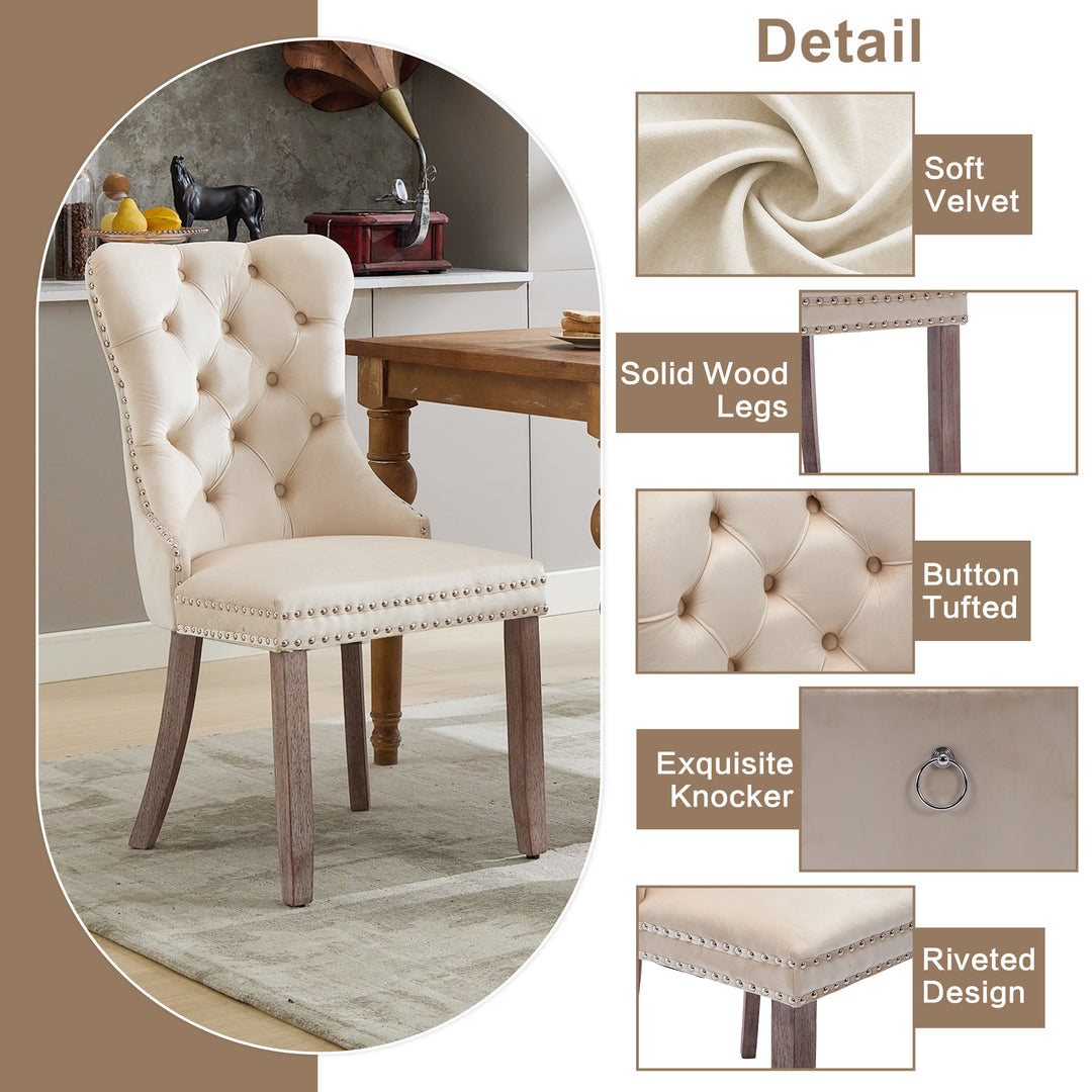 Set of 2 upholstered velvet beige dining chairs button tufted with ring knocker wooden legs TASTRAN BEIGE UK