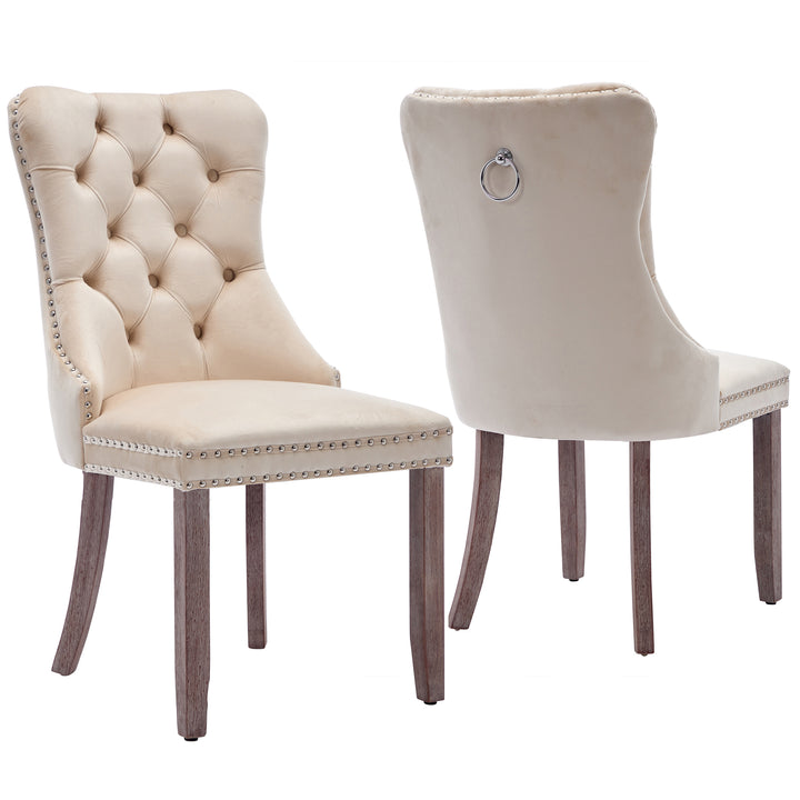 Set of 2 upholstered velvet beige dining chairs button tufted with ring knocker wooden legs TASTRAN BEIGE UK