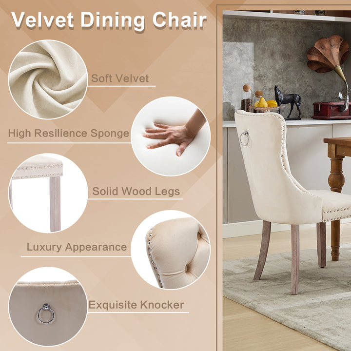 Set of 2 upholstered velvet beige dining chairs button tufted with ring knocker wooden legs TASTRAN BEIGE UK