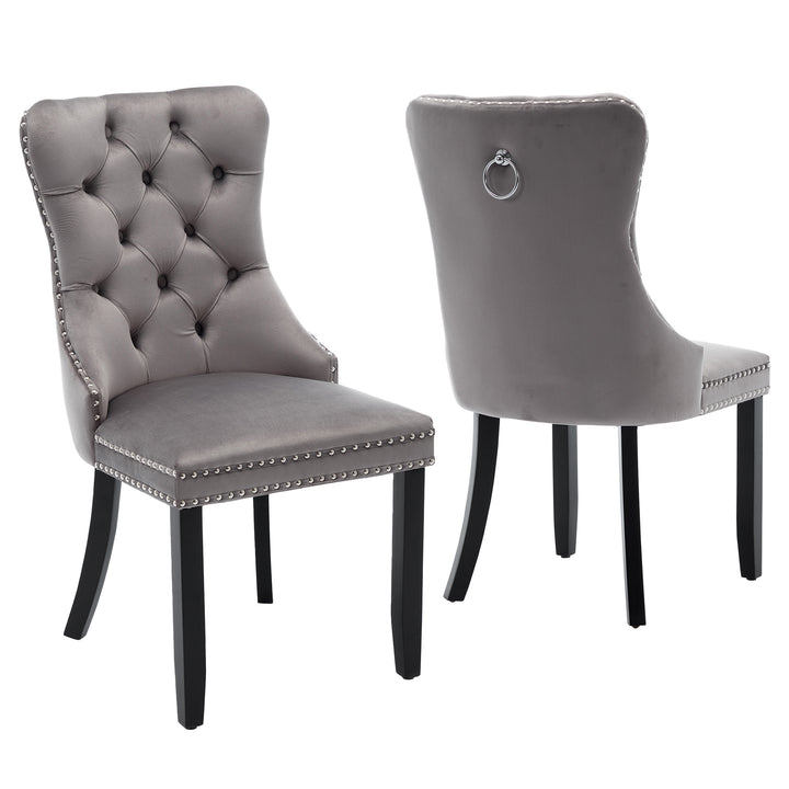 Set of 2 upholstered velvet grey dining chairs button tufted with ring knocker wooden legs TASTRAN GREY UK