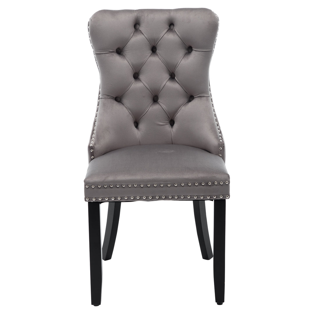 Set of 2 upholstered velvet grey dining chairs button tufted with ring knocker wooden legs TASTRAN GREY UK