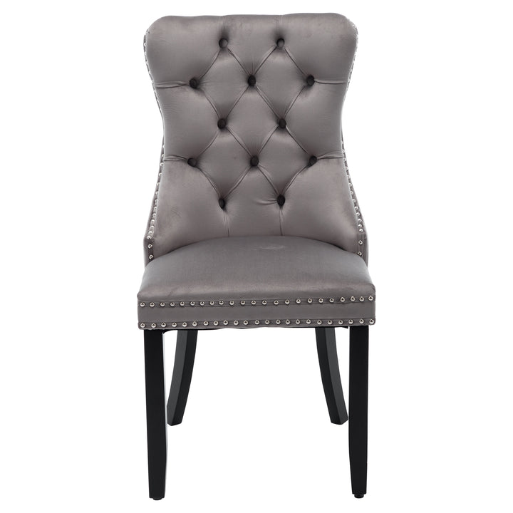 Set of 2 upholstered velvet grey dining chairs button tufted with ring knocker wooden legs TASTRAN GREY UK