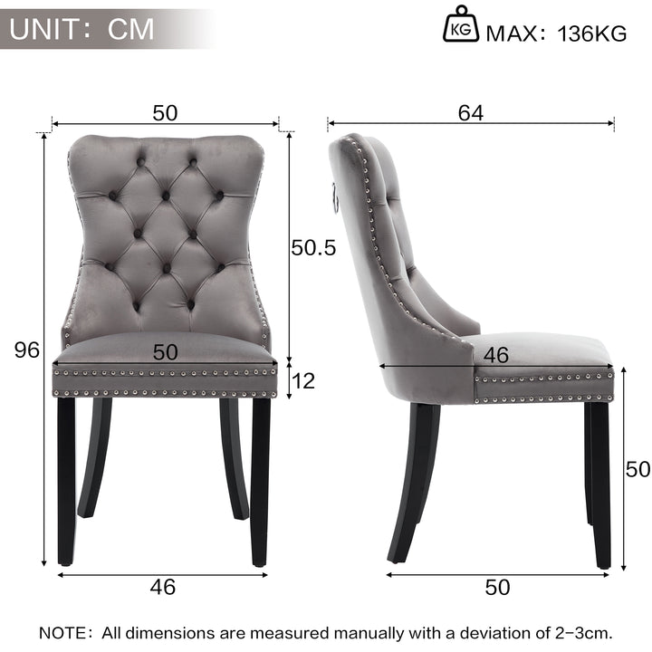 Set of 2 upholstered velvet grey dining chairs button tufted with ring knocker wooden legs TASTRAN GREY UK
