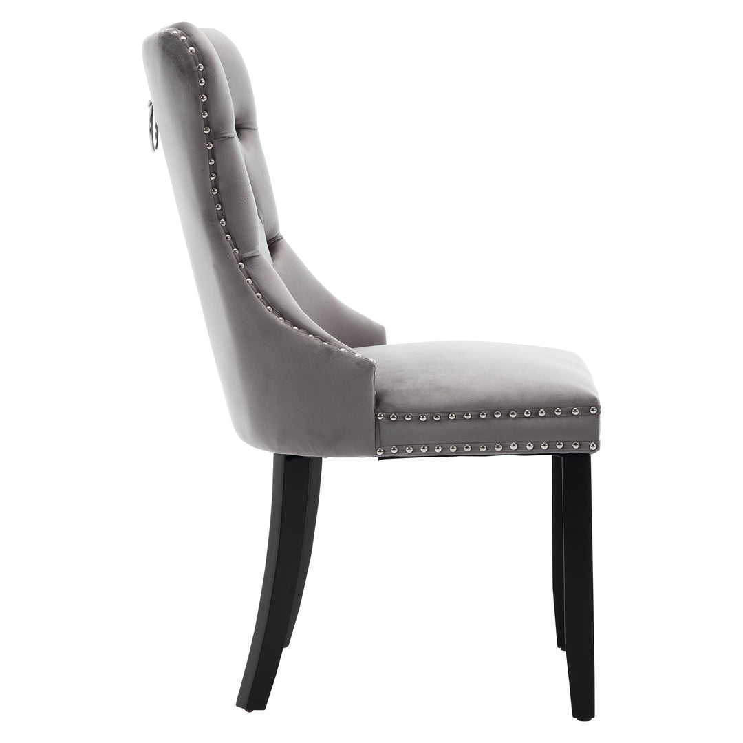 Set of 2 upholstered velvet grey dining chairs button tufted with ring knocker wooden legs TASTRAN GREY UK