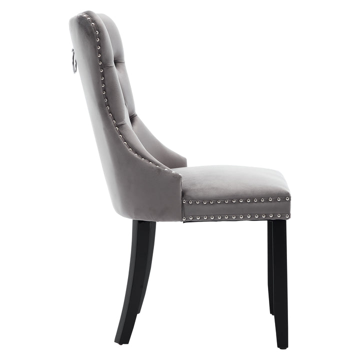 Set of 2 upholstered velvet grey dining chairs button tufted with ring knocker wooden legs TASTRAN GREY UK