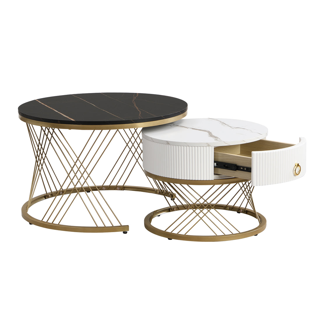 Set of 2 round nesting coffee tables black and white marble pattern with drawer TAULZOIS UK