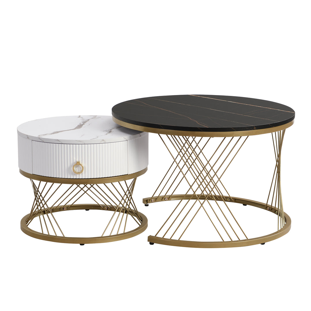 Set of 2 round nesting coffee tables black and white marble pattern with drawer TAULZOIS UK
