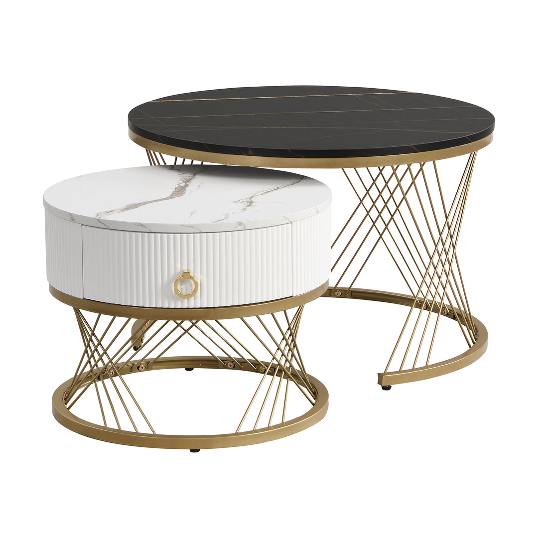 Set of 2 round nesting coffee tables black and white marble pattern with drawer TAULZOIS UK