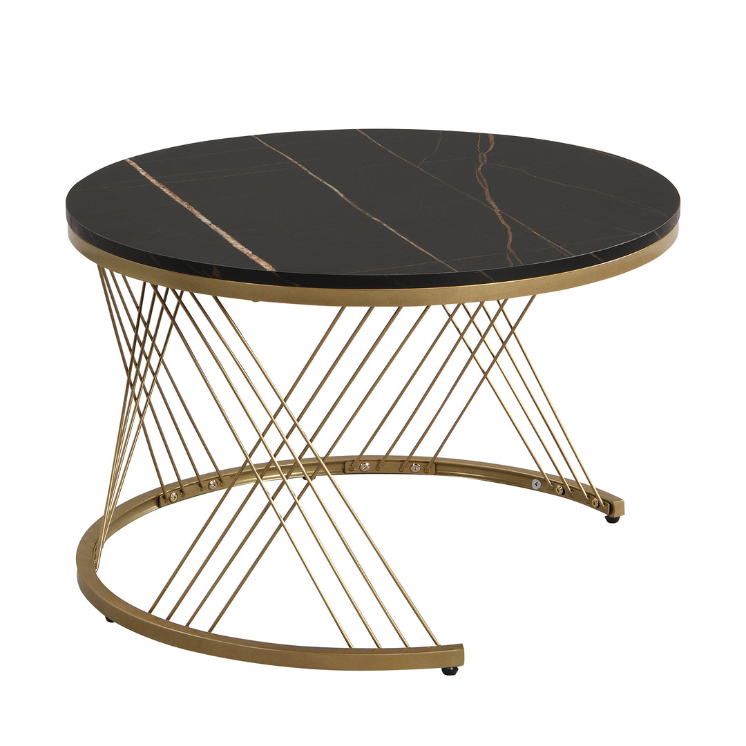 Set of 2 round nesting coffee tables black and white marble pattern with drawer TAULZOIS UK