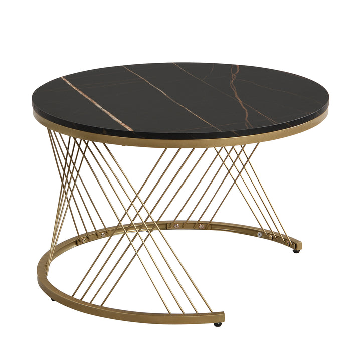 Set of 2 round nesting coffee tables black and white marble pattern with drawer TAULZOIS UK