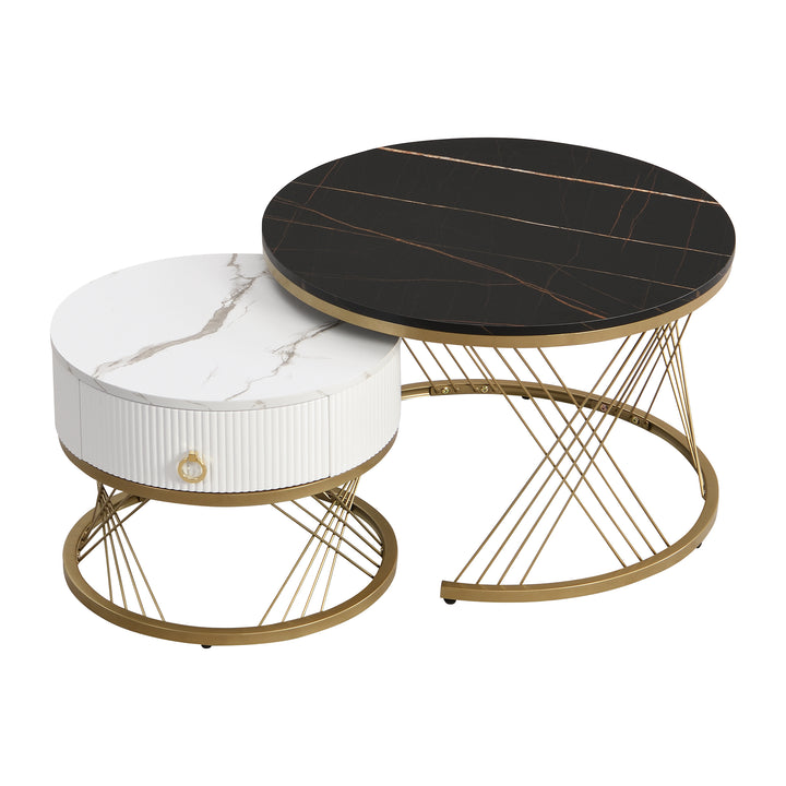 Set of 2 round nesting coffee tables black and white marble pattern with drawer TAULZOIS UK