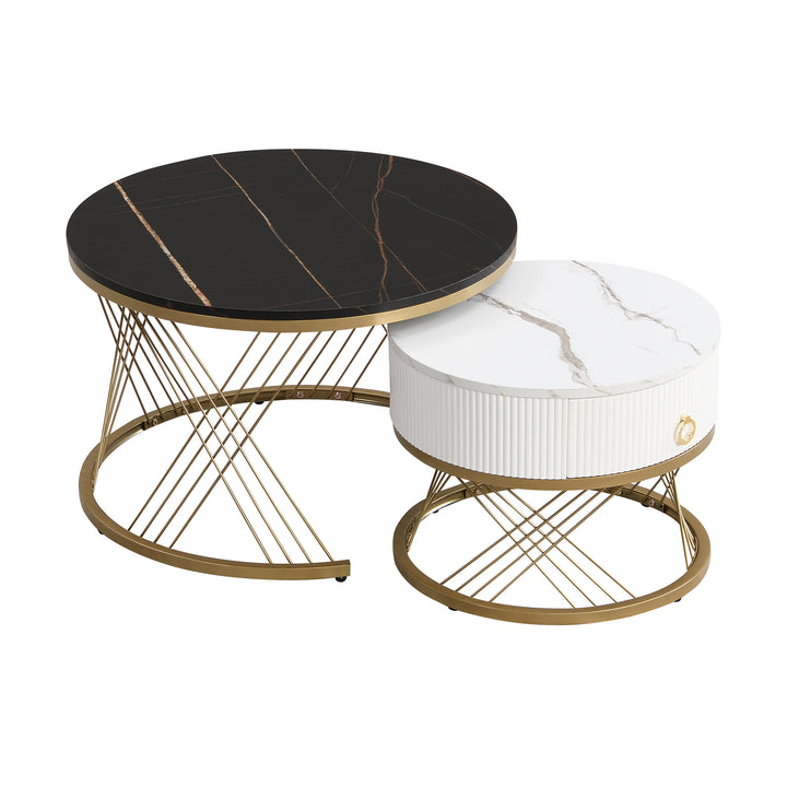 Set of 2 round nesting coffee tables black and white marble pattern with drawer TAULZOIS UK
