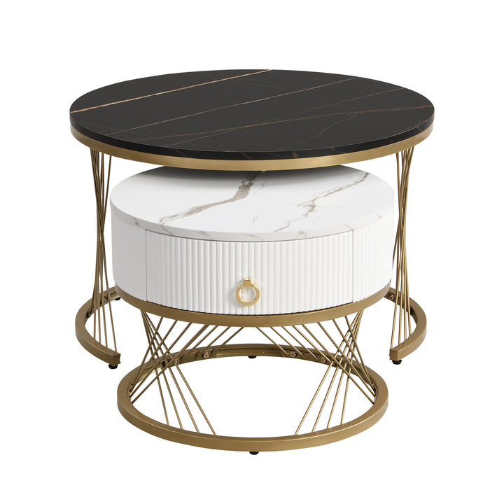 Set of 2 round nesting coffee tables black and white marble pattern with drawer TAULZOIS UK