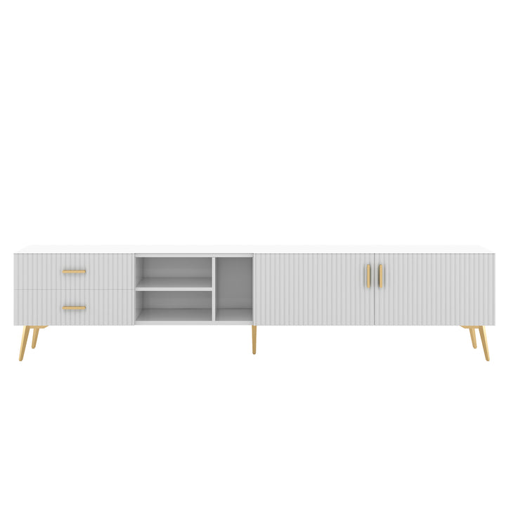 White stripes TV stand gold metal legs 2 drawers 2 doors TEGNIK UK