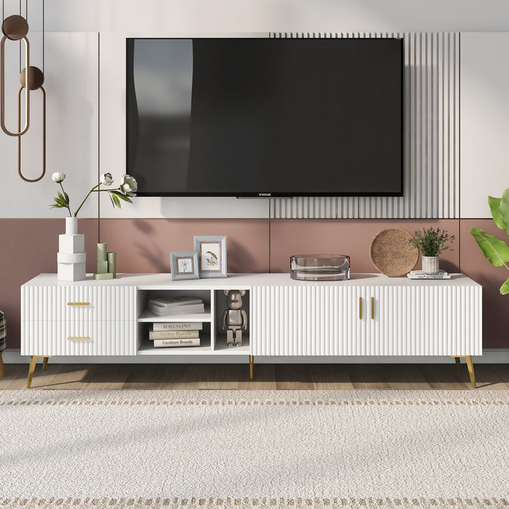 White stripes TV stand gold metal legs 2 drawers 2 doors TEGNIK UK