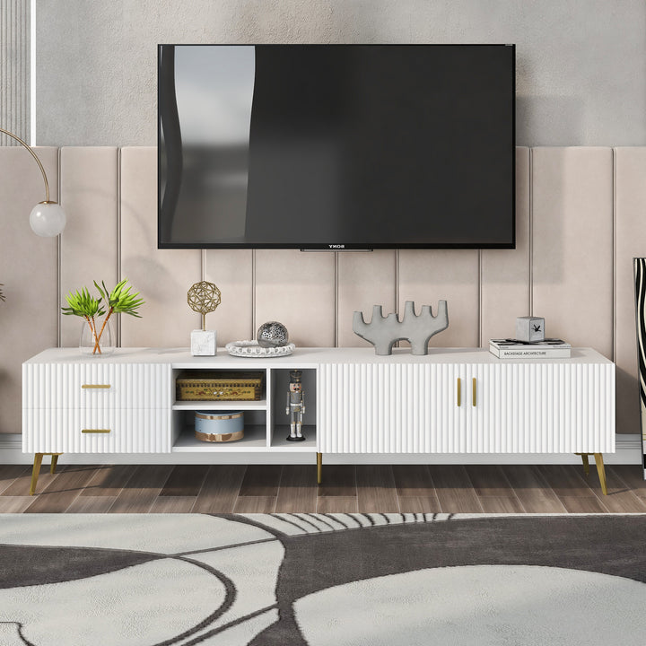 White stripes TV stand gold metal legs 2 drawers 2 doors TEGNIK UK