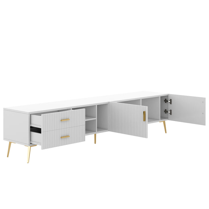 White stripes TV stand gold metal legs 2 drawers 2 doors TEGNIK UK
