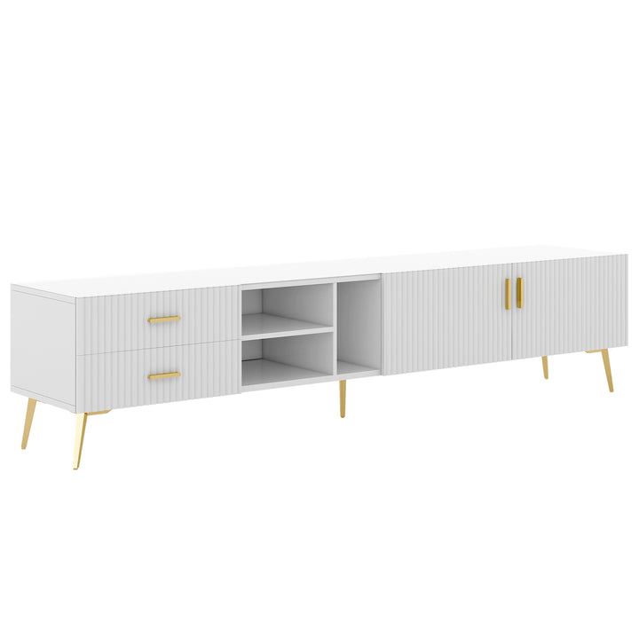 White stripes TV stand gold metal legs 2 drawers 2 doors TEGNIK UK