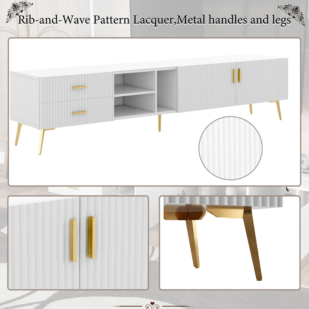 White stripes TV stand gold metal legs 2 drawers 2 doors TEGNIK UK