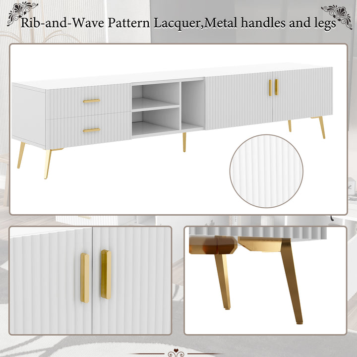 White stripes TV stand gold metal legs 2 drawers 2 doors TEGNIK UK