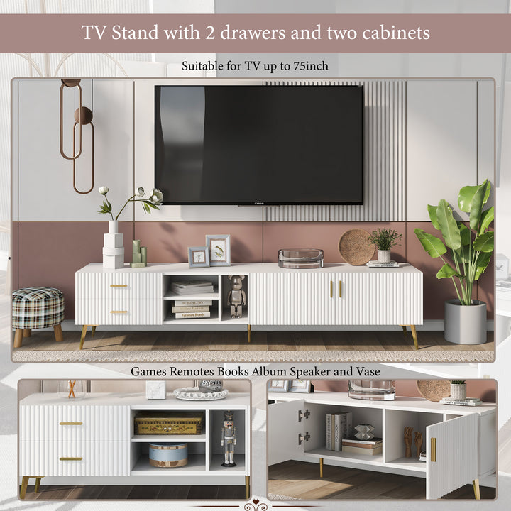 White stripes TV stand gold metal legs 2 drawers 2 doors TEGNIK UK