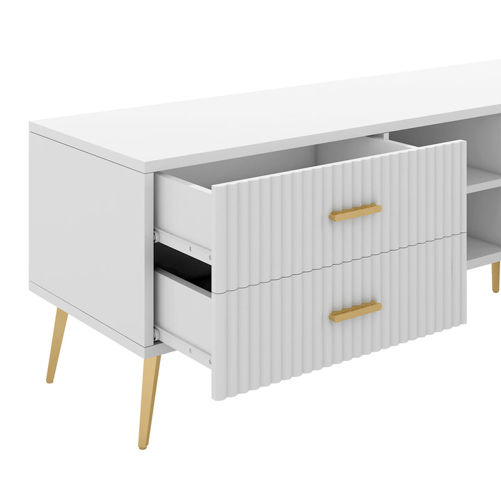 White stripes TV stand gold metal legs 2 drawers 2 doors TEGNIK UK