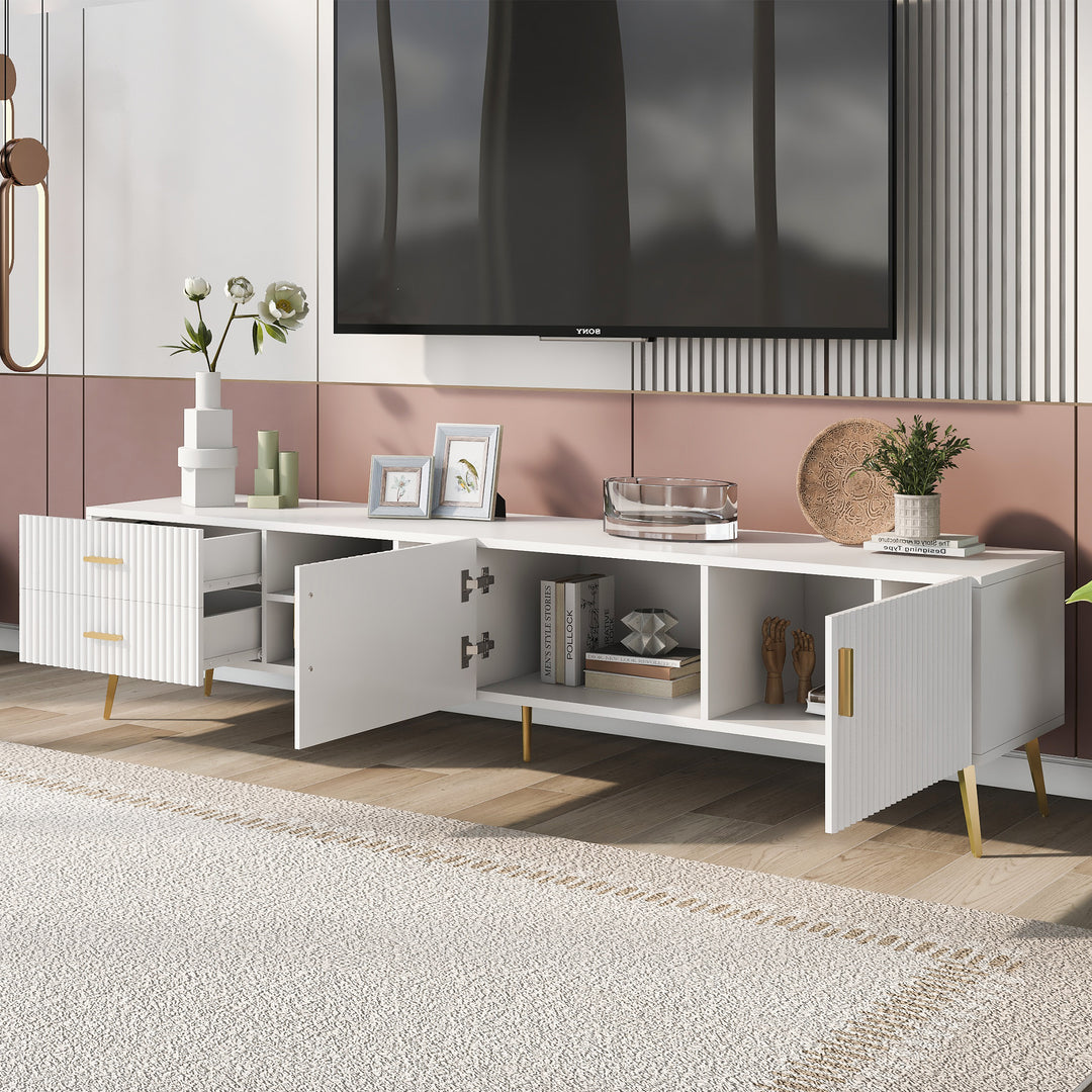 White stripes TV stand gold metal legs 2 drawers 2 doors TEGNIK UK