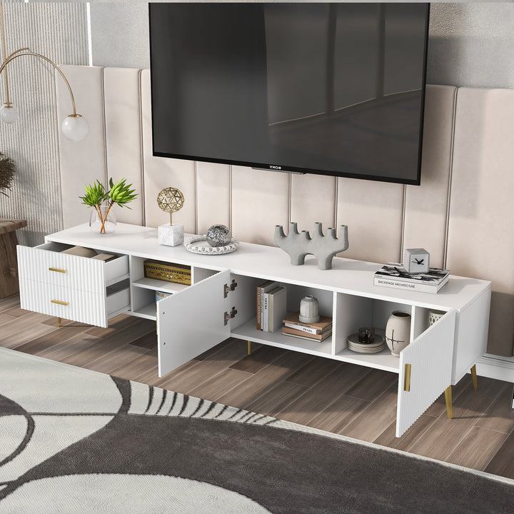White stripes TV stand gold metal legs 2 drawers 2 doors TEGNIK UK