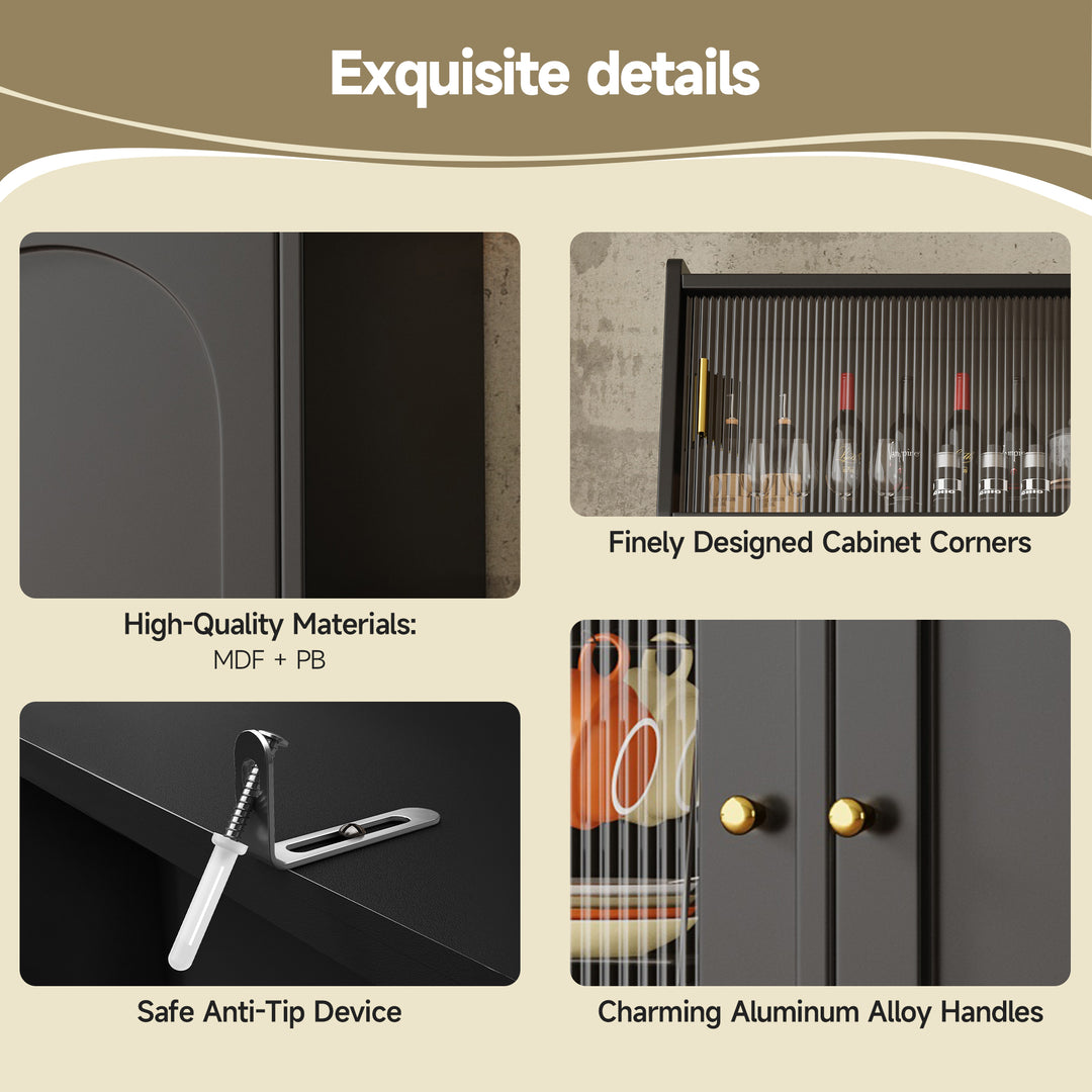 Black high kitchen hutches with glass display and LED lighting BATHOLITH