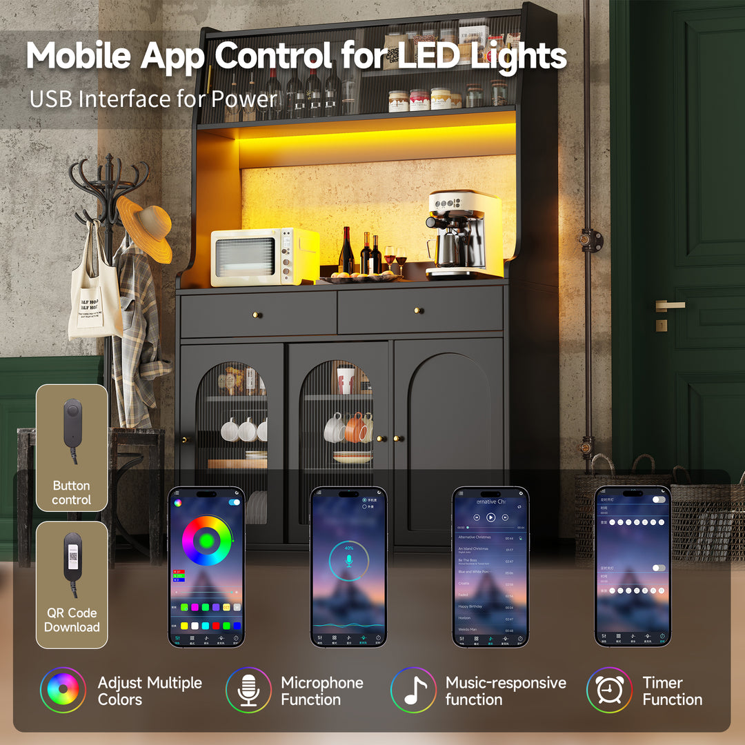 Black high kitchen hutches with glass display and LED lighting BATHOLITH