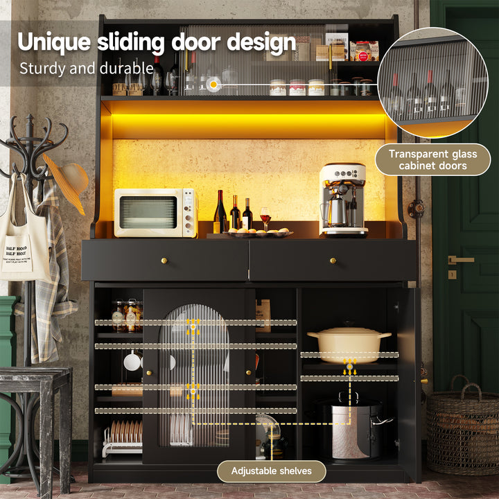 Black high kitchen hutches with glass display and LED lighting BATHOLITH