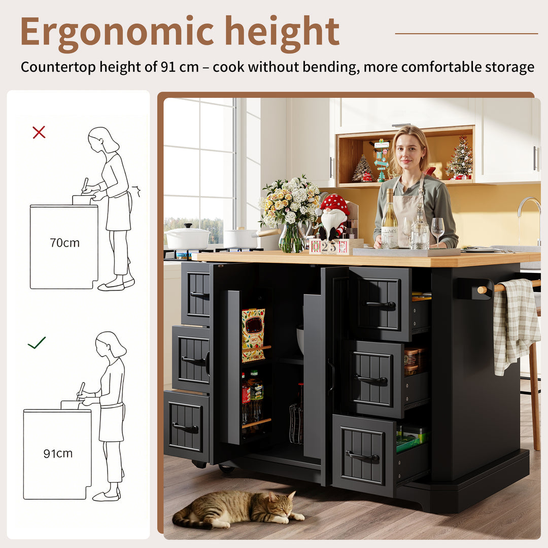 Black Kitchen Island Cart on Wheels with 6 Drawers & Cabinet ARROWSCREEN