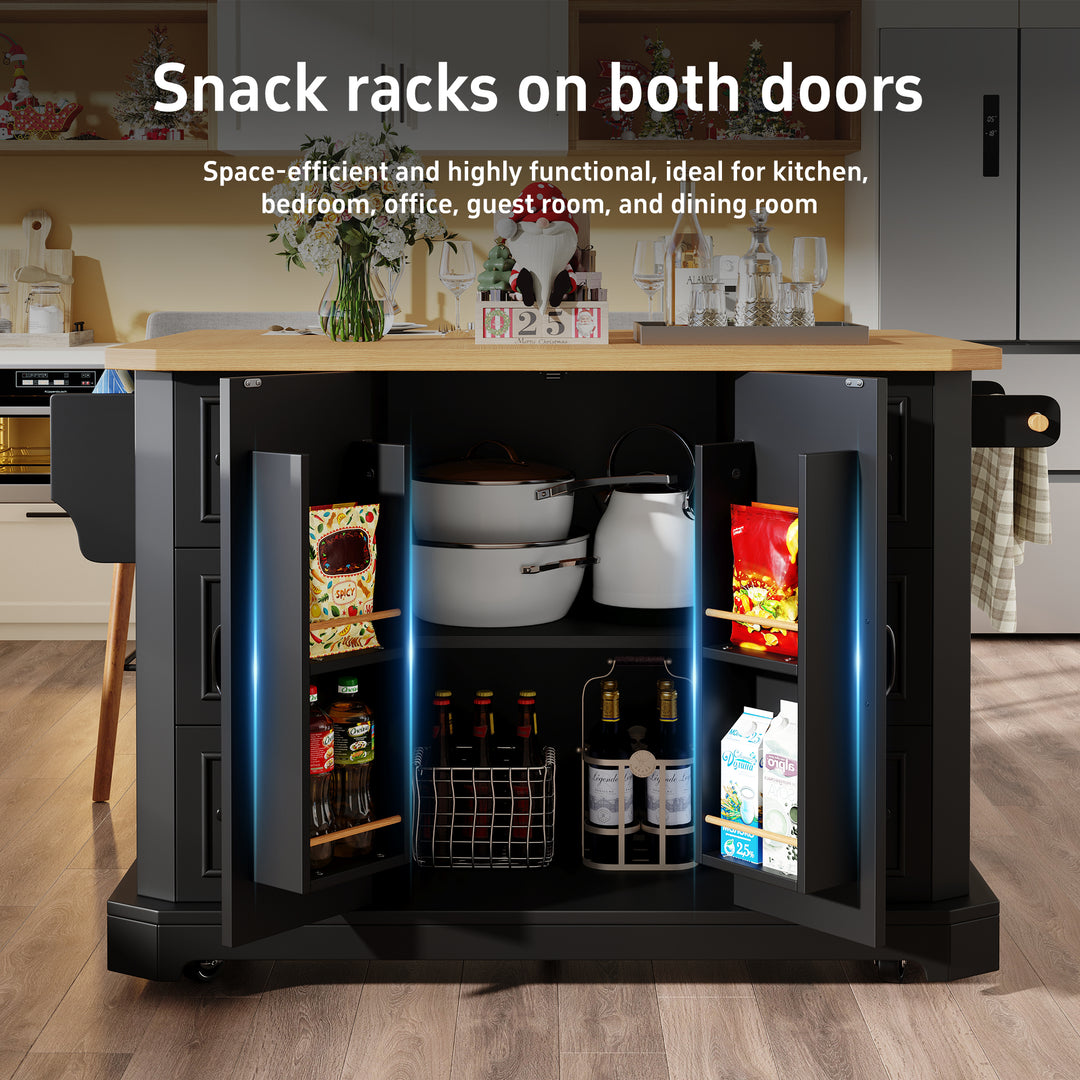 Black Kitchen Island Cart on Wheels with 6 Drawers & Cabinet ARROWSCREEN