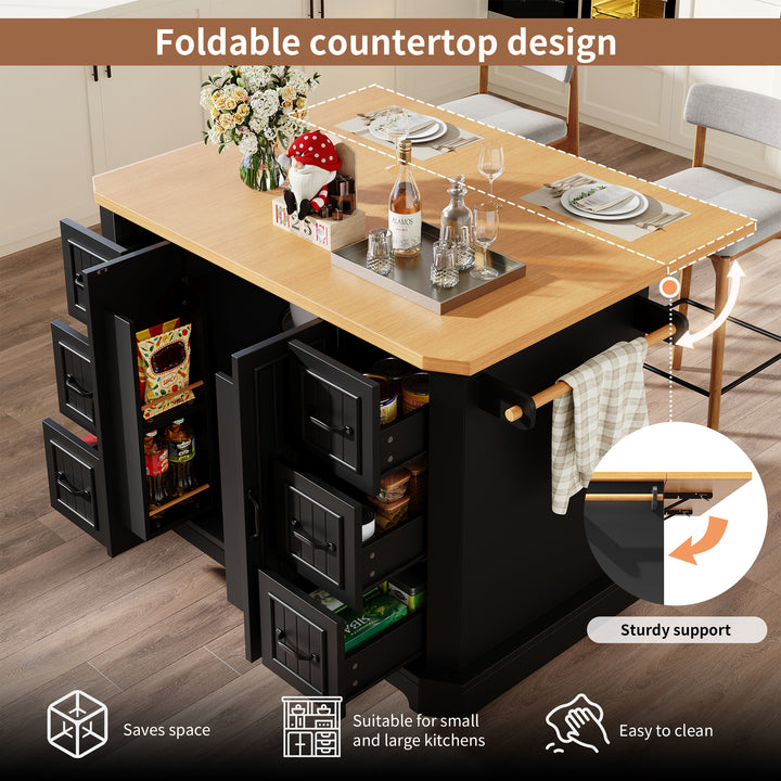 Black Kitchen Island Cart on Wheels with 6 Drawers & Cabinet ARROWSCREEN
