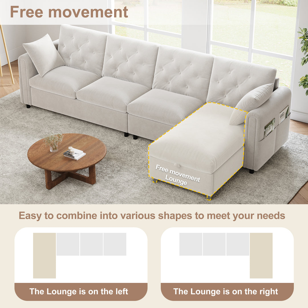 Modern L-shaped 3-seater velvet beige sectional sofa with storage chaise 281x132x86cm ELEGANT STEEL LINE