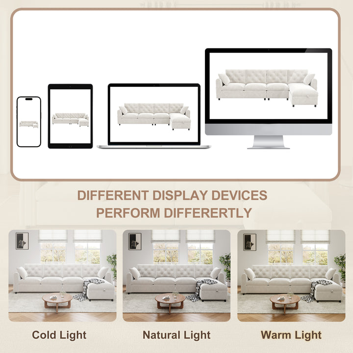 Modern L-shaped 3-seater velvet beige sectional sofa with storage chaise 281x132x86cm ELEGANT STEEL LINE