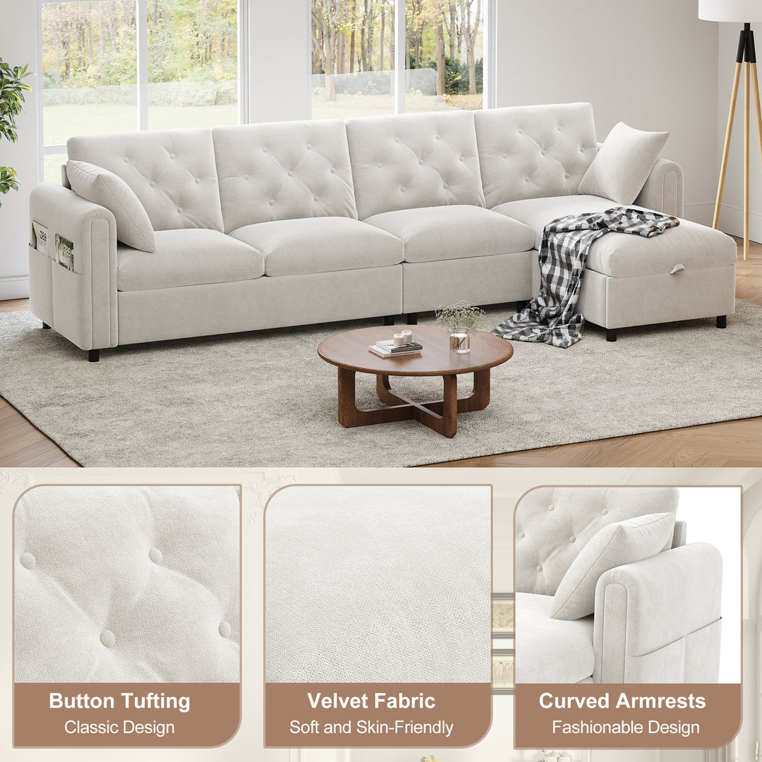 Modern L-shaped 3-seater velvet beige sectional sofa with storage chaise 281x132x86cm ELEGANT STEEL LINE
