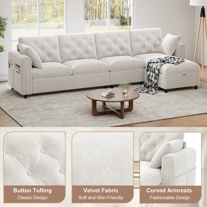 Modern L-shaped 3-seater velvet beige sectional sofa with storage chaise 281x132x86cm ELEGANT STEEL LINE