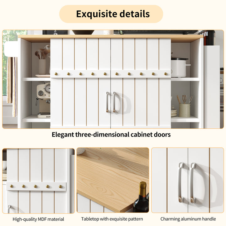 White wooden kitchen island trolley with sliding doors and fold-out worktop ASCENDAL