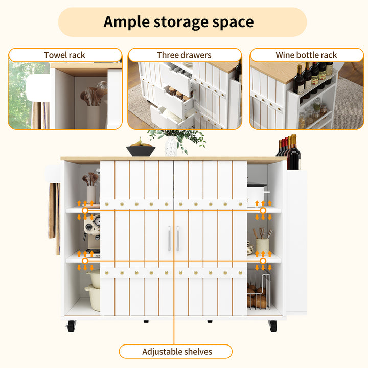 White wooden kitchen island trolley with sliding doors and fold-out worktop ASCENDAL