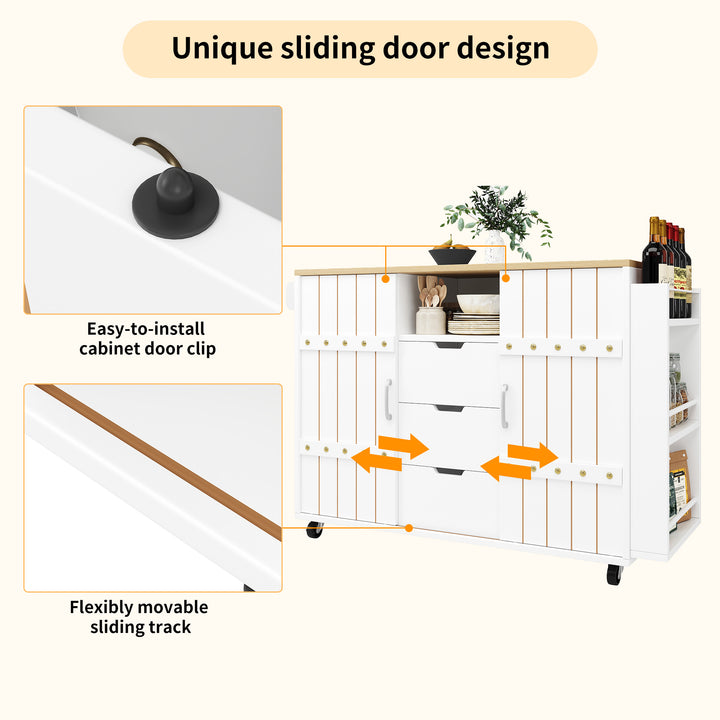 White wooden kitchen island trolley with sliding doors and fold-out worktop ASCENDAL