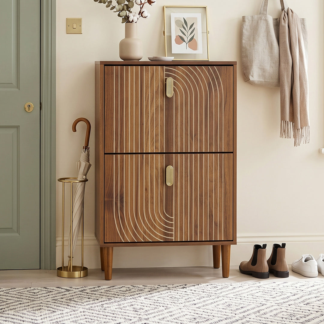 Vintage Walnut Shoe Storage Cabinet with 2 Flip Drawers 96cm URBANALUMINUMONE