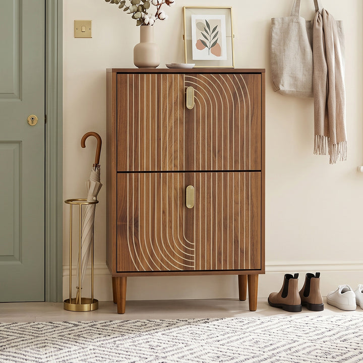 Vintage Walnut Shoe Storage Cabinet with 2 Flip Drawers 96cm URBANALUMINUMONE