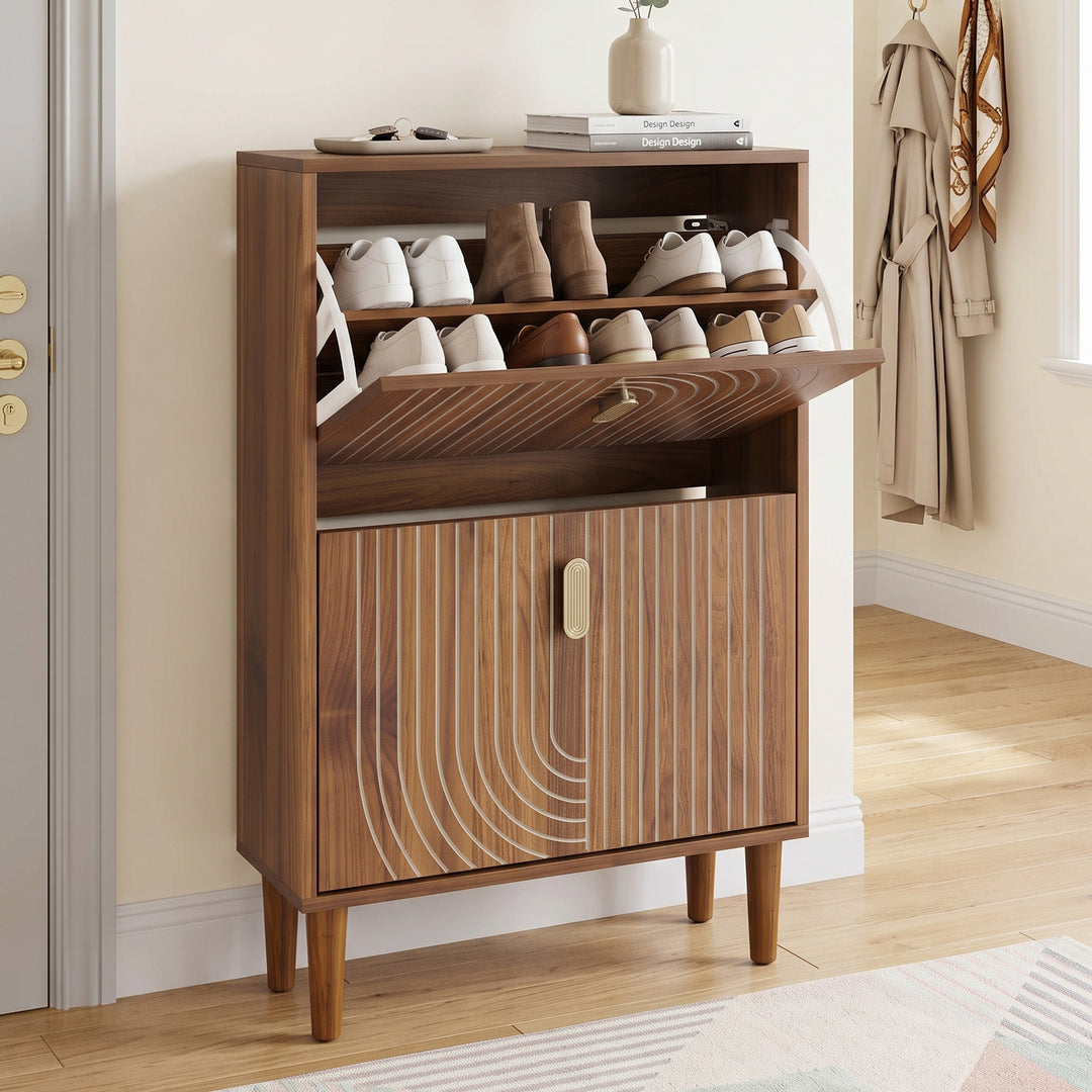 Vintage Walnut Shoe Storage Cabinet with 2 Flip Drawers 96cm URBANALUMINUMONE