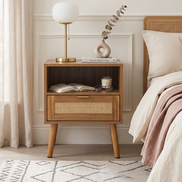 Walnut Boho Style Rattan Bedside Table Nightstand URBANASHPLUS